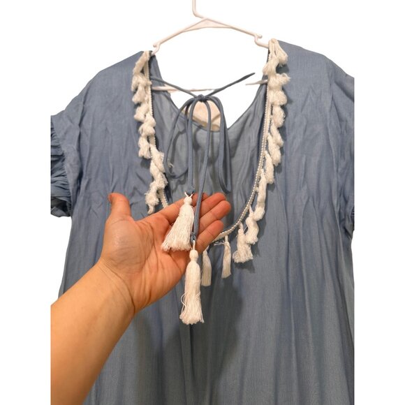 Mulla Fringe Tunic Dress Womens Large Blue Tassel Scoopback Tiered Hem Bohemian - Picture 10 of 14